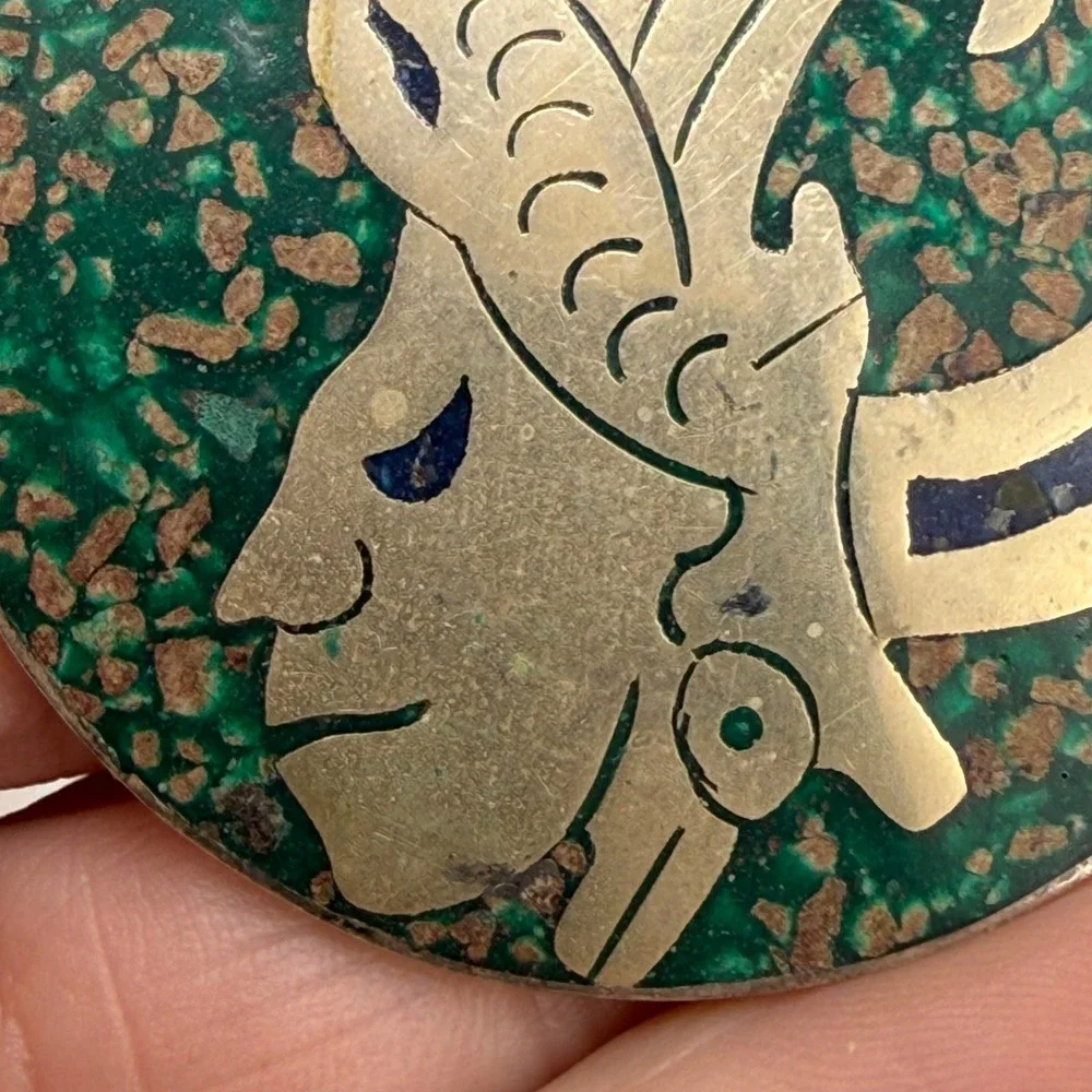 Vintage Taxco Brooch Warrior Silver Tone Enamel